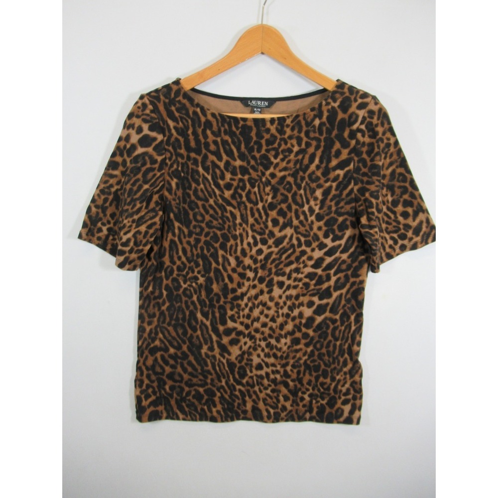 Lauren Ralph Lauren Animal Print Boatneck T-Shirt Women XL Short Sleeve